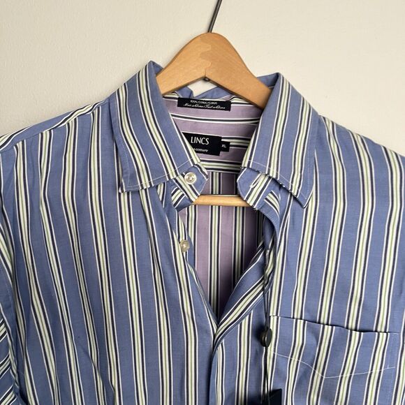 LINCS Men's Striped‎ Shirt Size XL NWT Blue White With Light Purple Inside - Picture 2 of 9